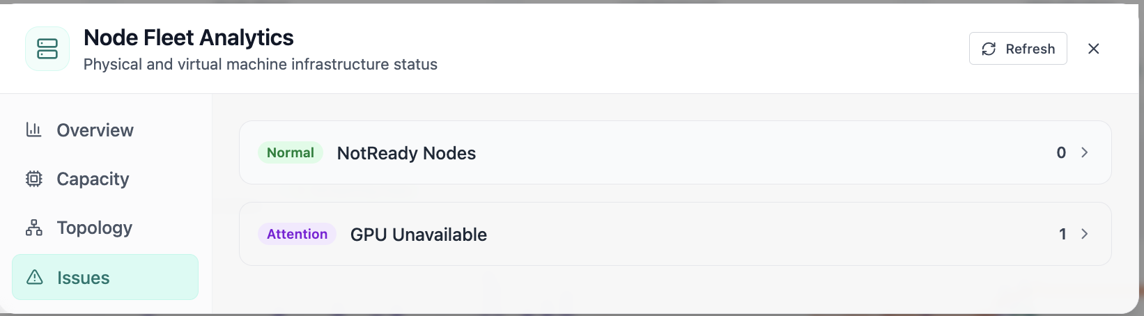 Node fleet issues including NotReady and GPU availability.